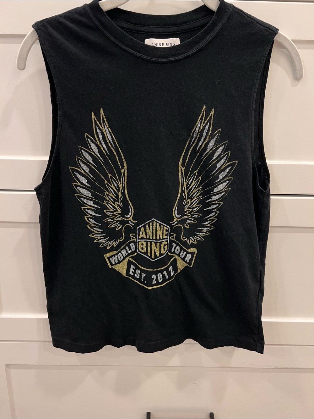 Anine Bing Black Graphic Muscle Tee with Metallic Gold Wings